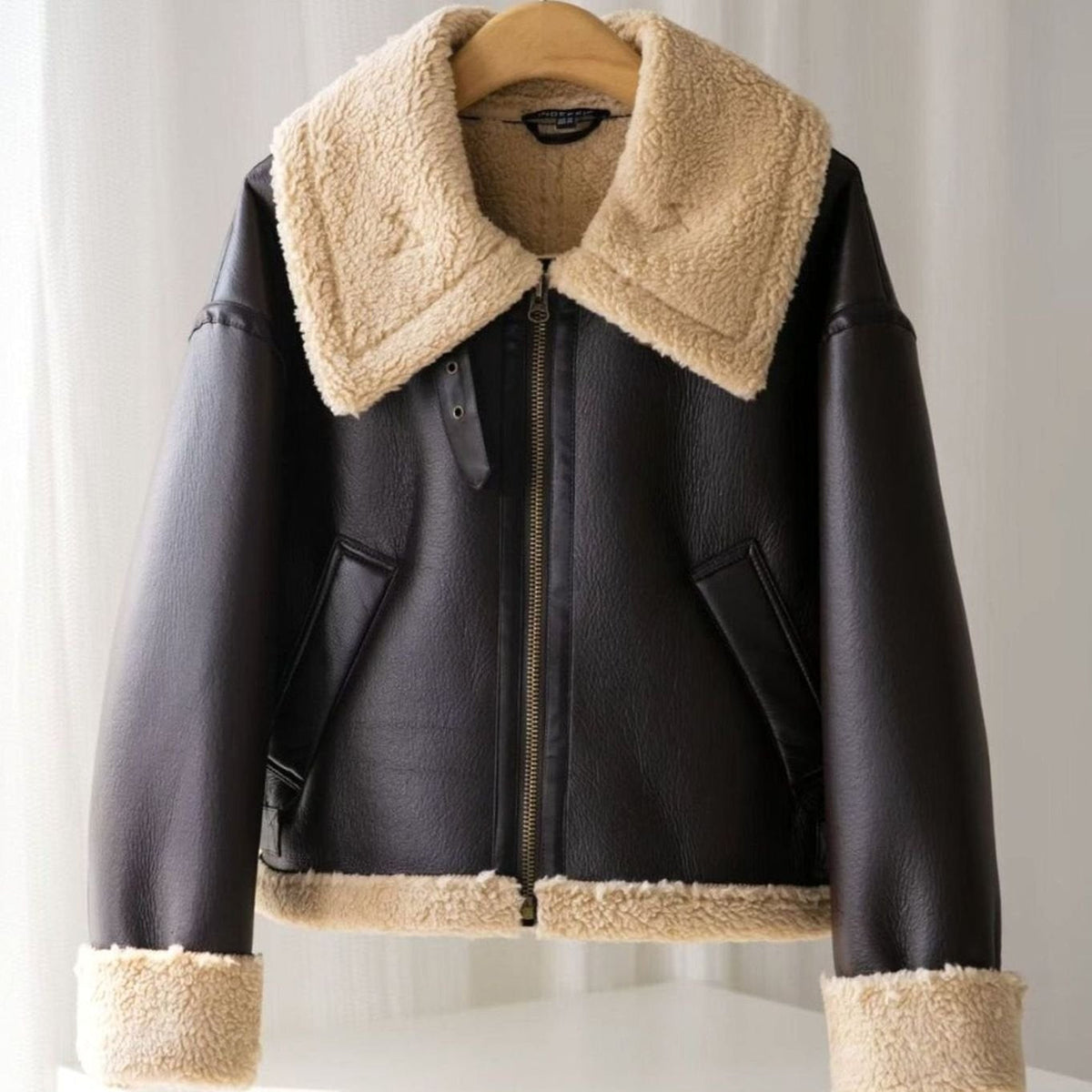 Freya | Women's Vegan Leather Shearling-Trim Buckle-Strap Zip-Up Winter Aviator Jacket