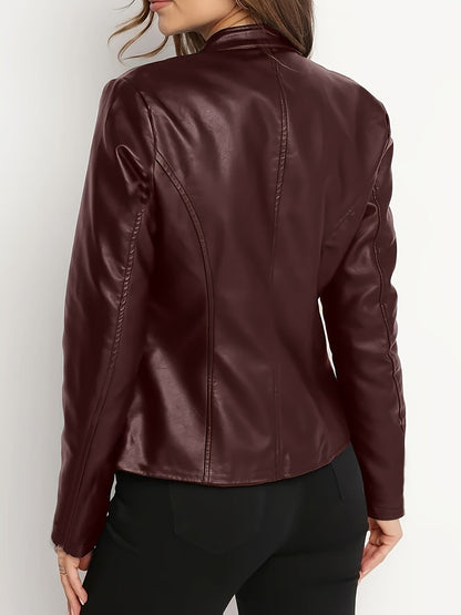Sloane | Women's Vegan Leather Stand-Collar Zip-Front Fitted Moto Jacket