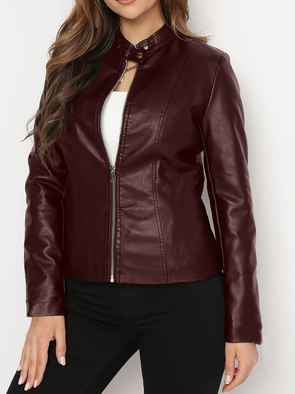 Sloane | Women's Vegan Leather Stand-Collar Zip-Front Fitted Moto Jacket